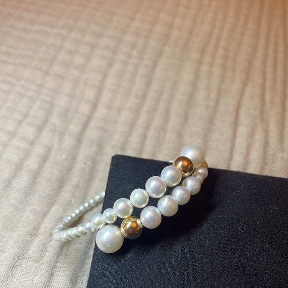 Cultured Freshwater Pearl, Genuine 14k Yellow Gold Flex Bypass Bracelet - Picture 4 of 5